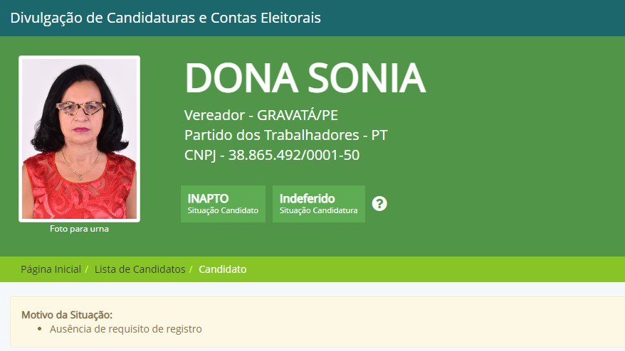 Dona Sônia tem registro de candidatura indeferido pela Justiça Eleitoral